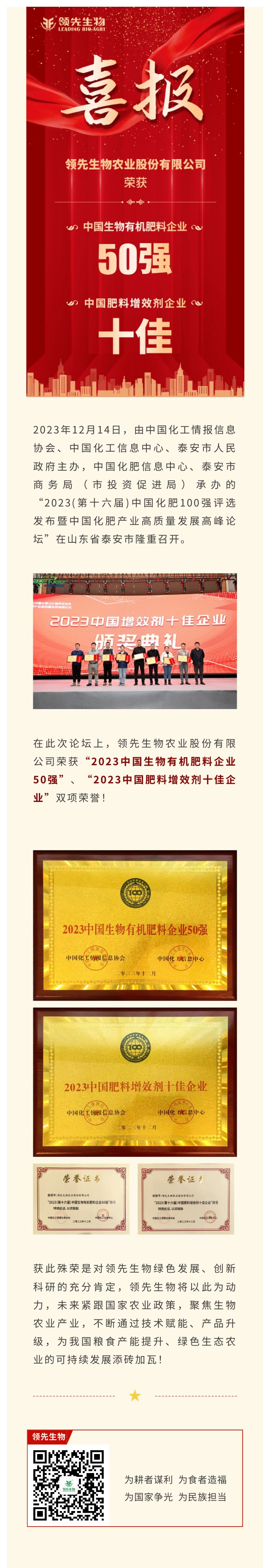 实力上榜 | Z6尊龙凯时生物荣获2023中国生物有机肥料企业50强！中国肥料增效剂十佳企业！