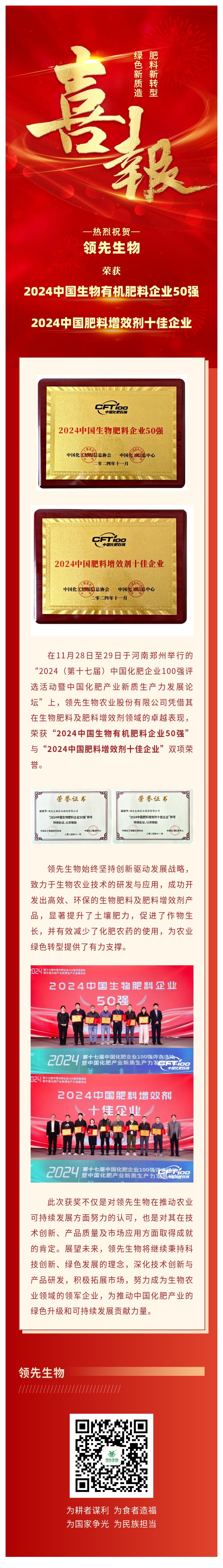 喜报 | Z6尊龙凯时生物连任中国化肥百强评选双项殊荣